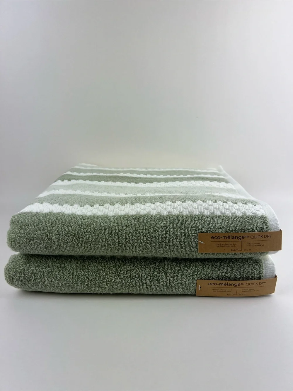 Eco Melange Bath Towels Green White Quick Dry Soft 100% Cotton 10 Pc Set NEW
